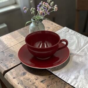 Hazel Atlas Ovide Vintage 1950's Cup and Saucer in Red Milk Glass